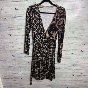 Maliparmi Black and Tan Patterned Midi Dress faux wrap size 48